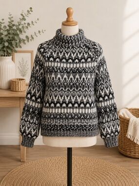 Steve Madden Black & White Fair Isle Turtleneck Sweater Size M